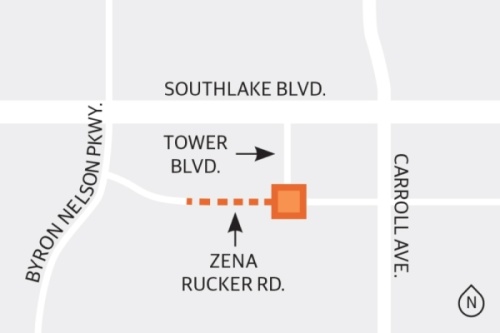 Pavement has been laid west of the intersection at Tower Boulevard and Zena Rucker Road in Southlake. (Graphic by Ellen Jackson/Community Impact Newspaper)