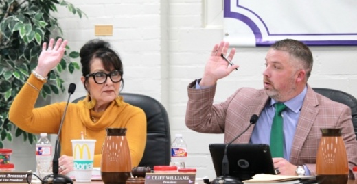 From left: Willis ISD board Vice President Rebecca Broussard and President Cliff Williams voted in favor of the $175 million bond. (Andy Li/Community Impact Newspaper)