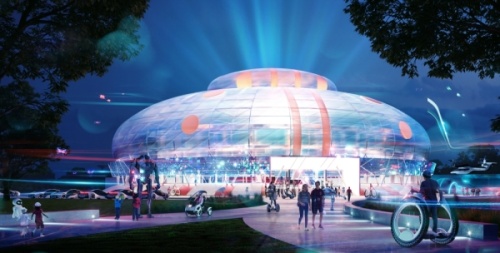 This rendering shows what the exterior of the new robotics arena may look like. (Courtesy Gensler Austin)
