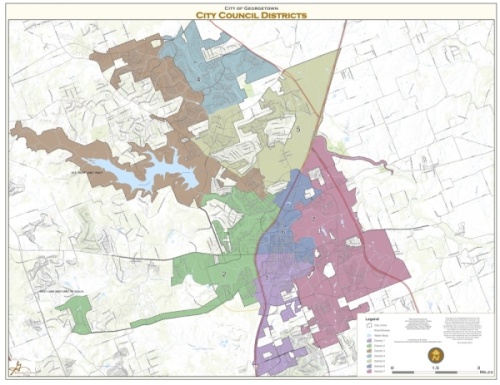 The Georgetown mayor is elected at-large and the council members are elected from single-member districts. This map shows the district breakdown in the city. (Courtesy city of Georgetown)