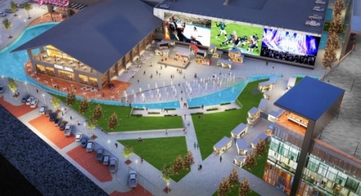 The Avenue will include an outdoor plaza that will serve as a central gathering space with a food hall, water features and a container park. (Courtesy Thakkar Developers)