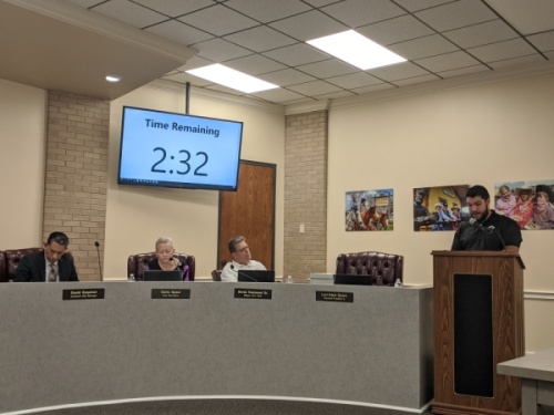 Matthew Fank, who spoke during the public comment period Feb. 17 opposing adoption of the city's dangerous animals ordinance, said he owns property on South Cherry Street in Tomball and plans to open an exotic pet shop in the city. (Anna Lotz/Community Impact Newspaper)
