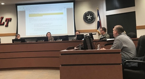Johnny Hill discussed an agenda item regarding increased special education population growth during a Feb. 19 meeting. (Amy Rae Dadamo/Community Impact Newspaper) 