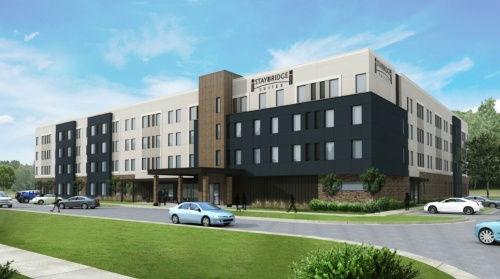 A possible concept for a Staybridge Suites extended-stay hotel has been proposed at 415 Lois St., Roanoke. (Rendering courtesy Navid Karedia)