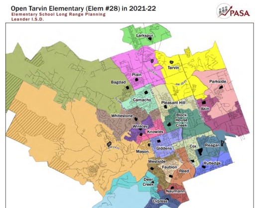 This map from the Leander ISD demographer's report shows a rough outline of elementary school boundaries in the northern half of the district for the 2021-22 school year. (Courtesy Leander ISD)