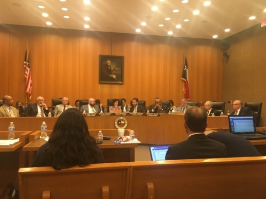Harris County commissioners voted 3-2 at a Feb. 25 meeting to begin a search process to replace Chief Budget Officer Bill Jackson (far right). (Shawn Arrajj/Community Impact Newspaper)