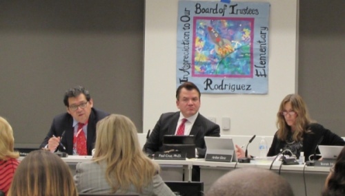 Austin ISD board President Geronimo Rodriguez (left) sits next to Superintendent Paul Cruz at a Feb. 24 board meeting. (Nicholas Cicale/Community Impact Newspaper)