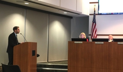 Josh Rauch, a senior consultant with The Novak Consulting Group, presented maximum tax rate information to The Woodlands Township board of directors Feb. 26. (Vanessa Holt/Community Impact Newspaper)