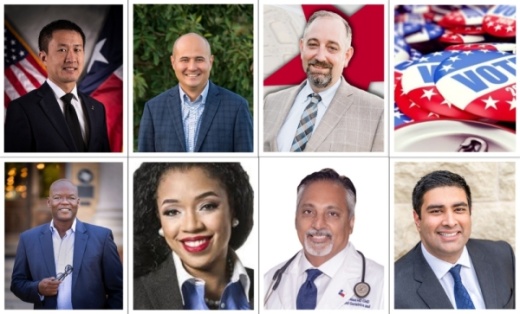 Republicans Leonard N. Chan, Jacey Jetton and Matt Morgan (top row from left to right) and Democrats Lawrence Allen Jr., L "Sarah" DeMerchant, Suleman Lalani and Rish Oberoi (bottom row from left to right) are competing in the March 3 primary election for Texas House District 26.