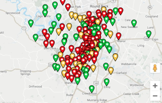 This screenshot of Travis County's online wait time map shows the wait times at polling places as of 6:15 p.m.