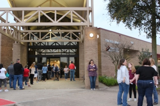 Voters were waiting in line to vote at the Brazoria County polling location on Tuesday night.