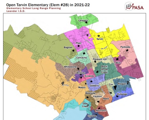 This map from the PASA demographer's report shows one suggestion for elementary school rezoning for the 2021-22 school year. (Courtesy Leander ISD)