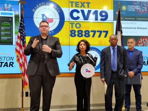 County Judge Lina Hidalgo (center), Houston Mayor Sylvester Turner and Harris County Public Health Executive Director Umair A. Shah spoke at a March 5 press conference about Harris County's first confirmed COVID-19 cases. (Ben Thompson/Community Impact Newspaper)