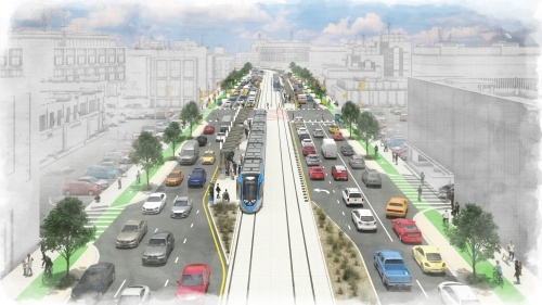 Capital Metro is proposing new public transit options, including rail in dedicated transit-only lanes that are separated from traffic. (Rendering courtesy Capital Metro)