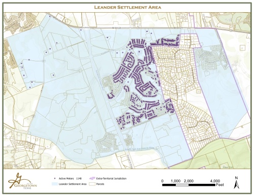 The Rancho Sienna MUD will begin receiving Leander water in late May. On the map, purple dots represent affected water customers. (Courtesy city of Leander)