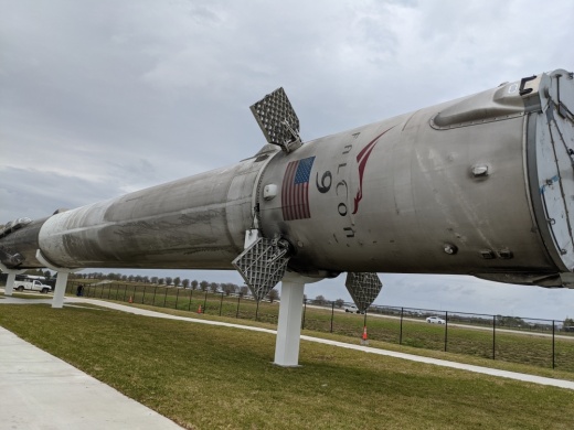 A flown Falcon 9 rocket from SpaceX is now on display at Space Center Houston. (Jake Magee/Community Impact Newspaper)