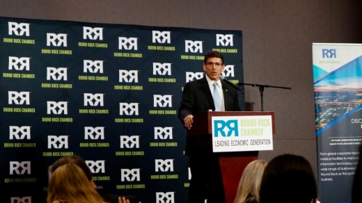 Round Rock ISD Superintendent Steve Flores served as keynote speaker at the Round Rock Chamber's March 12 power lunch. (Kelsey Thompson/Community Impact Newspaper)