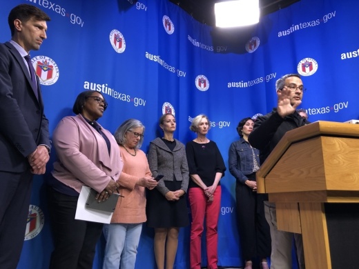 Dr. Mark Escott speaks to reporters during a news conference March 6 at Austin City Hall. (Jack Flagler/Community Impact Newspaper)