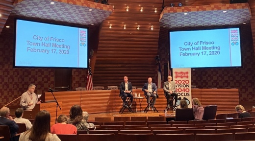 Frisco Mayor Jeff Cheney, Council Member Bill Woodard and City Manager George Purefoy answered resident questions at a February town hall. (Elizabeth Ucles/Community Impact Newspaper)