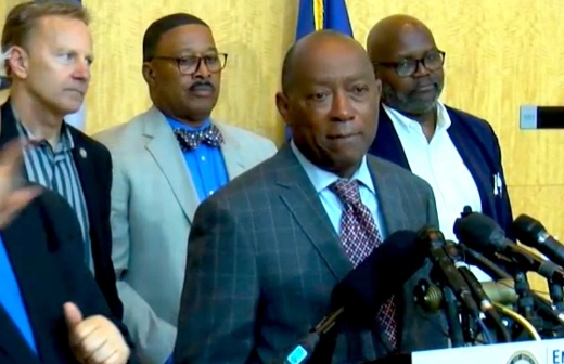 Houston Mayor Sylvester Turner urged residents to take "a collective breath" and avoid panic as the city works to reduce the effects of the coronavirus outbreak. (Screenshot via HTV)