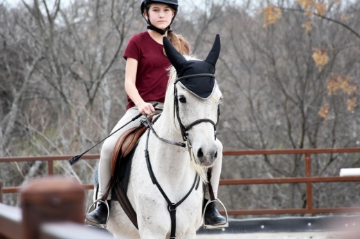 Riley Conlin takes a jumping lesson on horse Setesh. (Makenzie Plusnick/Community Impact Newspaper)