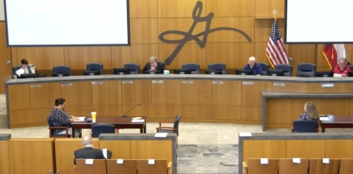 Georgetown City Council members sit a responsible distance apart at a special called meeting March 19. (Screenshot courtesy city of Georgetown)