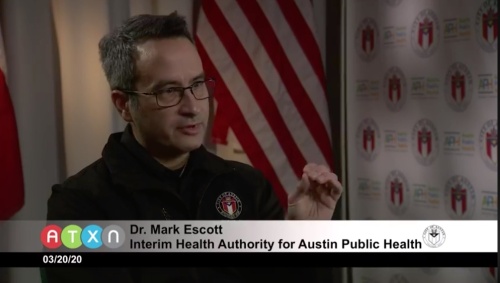Dr, Mark Escott speaks at a press conference March 20 at the Combined Transportation, Emergency and Communications Center in Austin. (Courtesy ATXN)