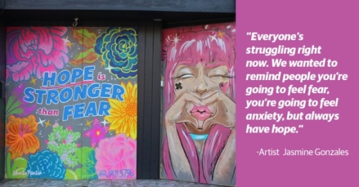 Artists Jasmine Gonzales, Morgane Xenos and Carmen Rangel painted this mural at Sixth Street's Bijou Lounge. (Christopher Neely/Community Impact Newspaper)