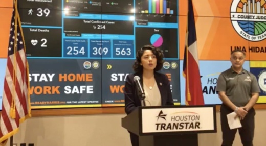 Harris County Judge Lina Hidalgo provided updates on the county's "Stay Home-Work Safe" order at a March 30 press conference. (Screenshot via Harris County)