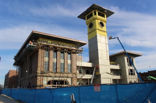 Construction is scheduled to finish on time for the Grapevine Main project, which includes the Harvest Hall food hall and the Hotel Vin boutique. (Miranda Jaimes/Community Impact Newspaper)