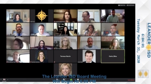This screenshot shows the March 31 Leander ISD virtual meeting. 