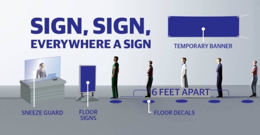 Sneeze guards, floor signs, banners and floor decals are some products that local sign businesses have produced to communicate new policies, hours and services. (Graphic illustration by Kara Nordstrom/Community Impact Newspaper)