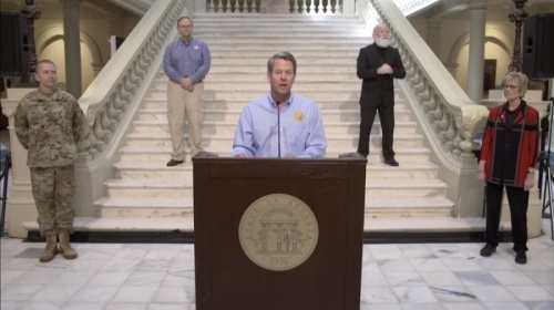 The statewide shelter-in-place order was originally set to end at 11:59 p.m. April 13, but Gov. Brian Kemp extended the order to April 30. (Screenshot via Facebook Live)