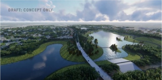 According to HCFCD, the video is conceptual and represents only one option among many for the basin, and the final design of the project will include input and refinement from both engineers and the public. (Rendering courtesy Harris County Flood Control District)