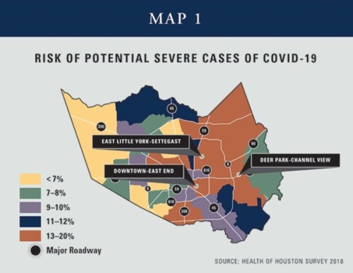 The Harris County study identified neighborhoods with potential risk of severe cases of COVID-19, defined as requiring hospitalization for treatment. (Courtesy UTHealth)