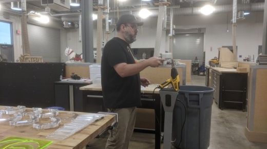 Georgetown High School teacher Robert Thomas, left, has made 500 face shields to help area health care workers. (Courtesy Georgetown Health Foundation)