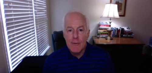 Texas Sen. John Cornyn speaks with North Texas business owners in a video conference on April 13. (Screenshot courtesy Greater Arlington Chamber of Commerce)