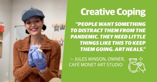 Café Monet owner Jules Winson said the community has responded well to the new ideas Café Monet has introduced to keep business alive, including to-go pottery painting kits, art lesson plans for kids and “Heart Kits for Heroes”—a program in which customers can buy health care workers a pottery painting kit. (Courtesy Café Monet Art Studio) 