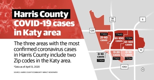 Harris County ZIP codes 77449, 77084 and 77088 have the highest numbers of confirmed cases of the coronavirus in the county, per April 11 data. (Anya Gallant/Community Impact Newspaper)
