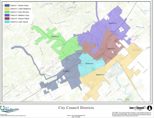 The New Braunels City Council district map can help residents identify which forum they should join. (Courtesy city of New Braunfels)