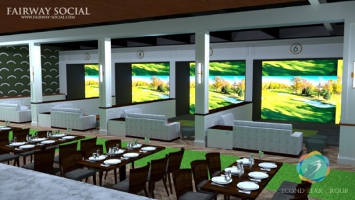Fairway Social will feature seven sports simulators with more than 80 notable golf courses as well as other sports. (Rendering courtesy Sports Community Consultants)