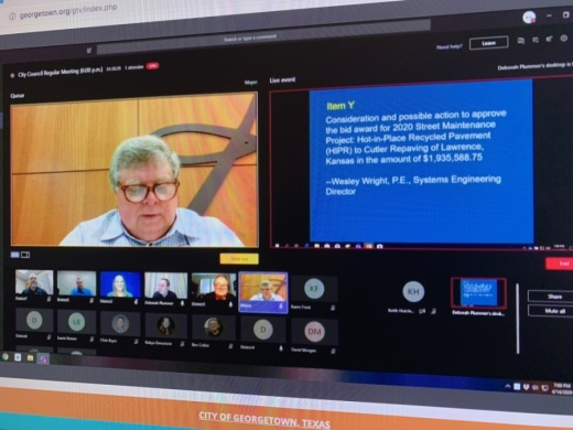 Georgetown Mayor Dale Ross leads the April 14 online meeting for the council. (Joe Warner/Community Impact Newspaper)