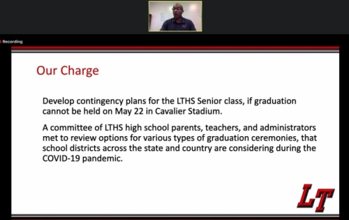 Gordon Butler, the principal of Lake Travis High School, presented a series of graduation ceremony options during the April 15 virtual board meeting. (Courtesy Lake Travis ISD)