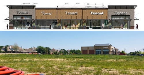 A side-by-side image of a rendering for a future development near Keller Town Center and the current parcel of land at 1301 Keller Parkway, Keller. (Ian Pribanic/Community Impact Newspaper)