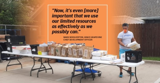 A GRACE food pantry worker sets up a drive-thru where those in need can receive a week's worth of groceries. (Courtesy GRACE Grapevine; Design by Ellen Jackson/Community Impact Newspaper)