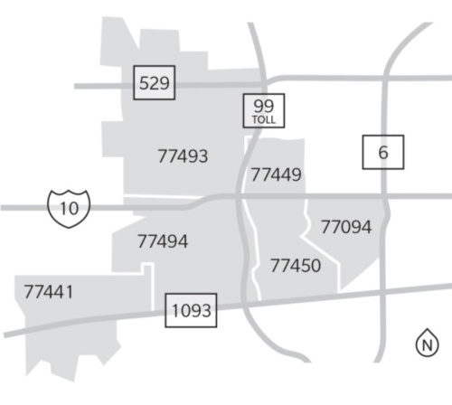 This map indicates the locations of the six Katy-area ZIP codes. (Designed by Anya Gallant/Community Impact Newspaper)