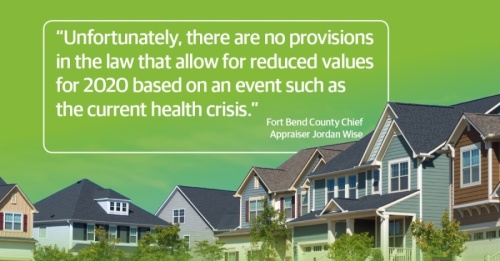 County and state officials are working to try to lower property tax values, which skyrocketed this year. But other officials said there are no provisions in the law to reduce values for 2020 based on the current health crisis. (Graphic by Jose Dennis/Community Impact Newspaper)