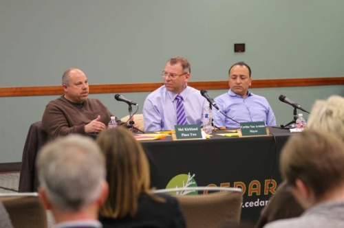 Cedar Park City Council Members Mel Kirkland (left) and Dorian Chavez (right) and Cedar Park Mayor Corbin Van Arsdale (center) answer questions from the public during the council chat town hall event March 6, 2019. (Courtesy city of Cedar Park)