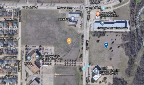 A new office and independent-living development (orange) is proposed for the open fields across the street from the future site of the Plano ISD fine arts facility (blue). (Screenshot from Google Maps)