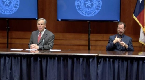 Texas Gov. Greg Abbott (left) said April 21 that the state is in a good position with coronavirus management to begin the reopening process for Texans. (Screenshot from April 21 press conference)